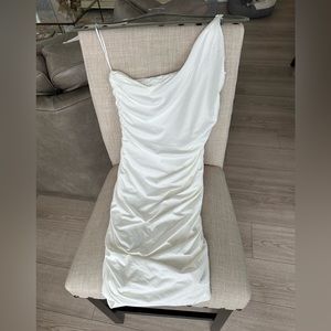 Ruched White One Shoulder Mini Dress